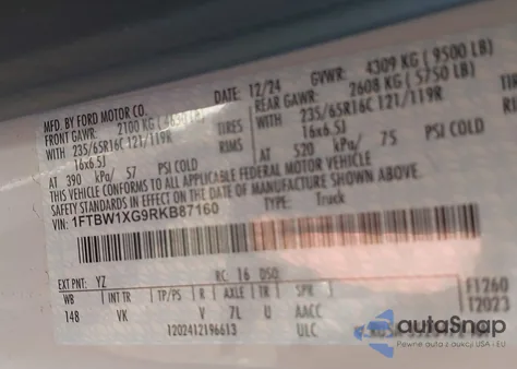 2024 Ford Transit-350 z USA, uszkodzony, nr VIN 1FTBW1XG9RKB87160